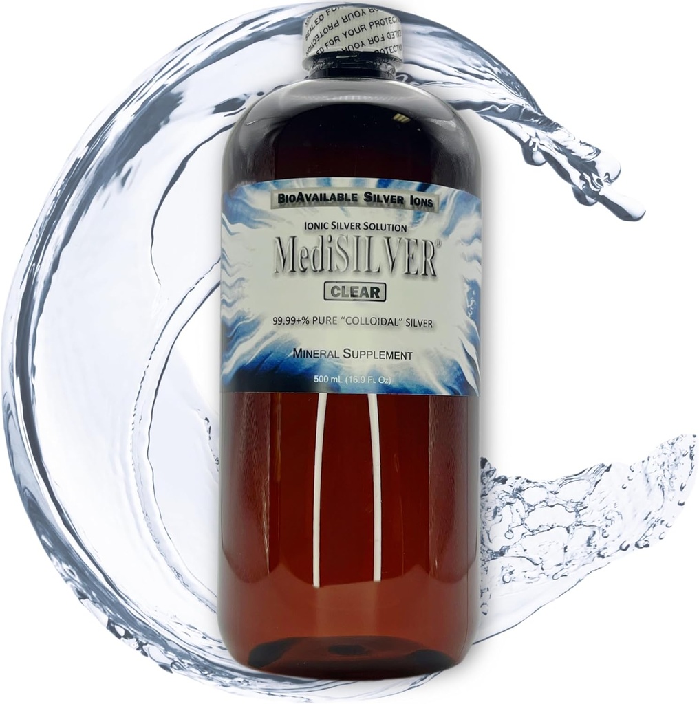 MediSILVER Clear True Free Ionic Cololique Silver Dietary Supplement - 500 ml (16,9 Fl Oz) v jantárovej plastovej fľaši BPA-Free