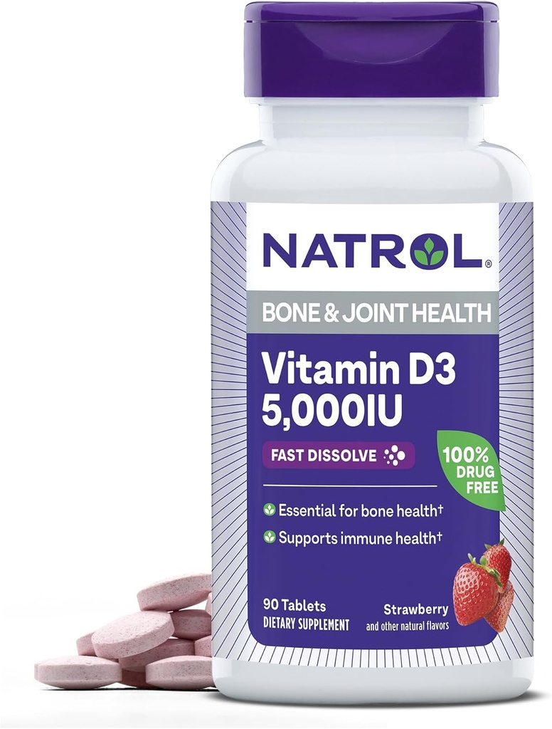 Natrol rýchlo rozpustí vitamín D3 5 000 IU, diétny doplnok pre zdravie kostí a kĺbov, doplnok na podporu kostí, 90 tabliet, 90 dní