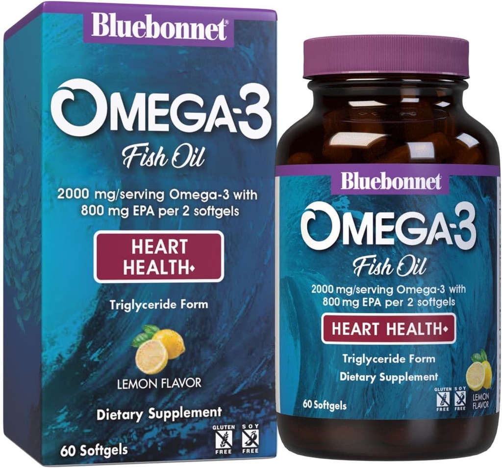 Bluebonnet Nutrition Omega-3 Heart Formula Natural Wild Caught Triglycerid Form DHA 600 mg EPA 800 mg - Vysoko koncentrované Heart Health Suplement - Gluten-free - 60 Softgel