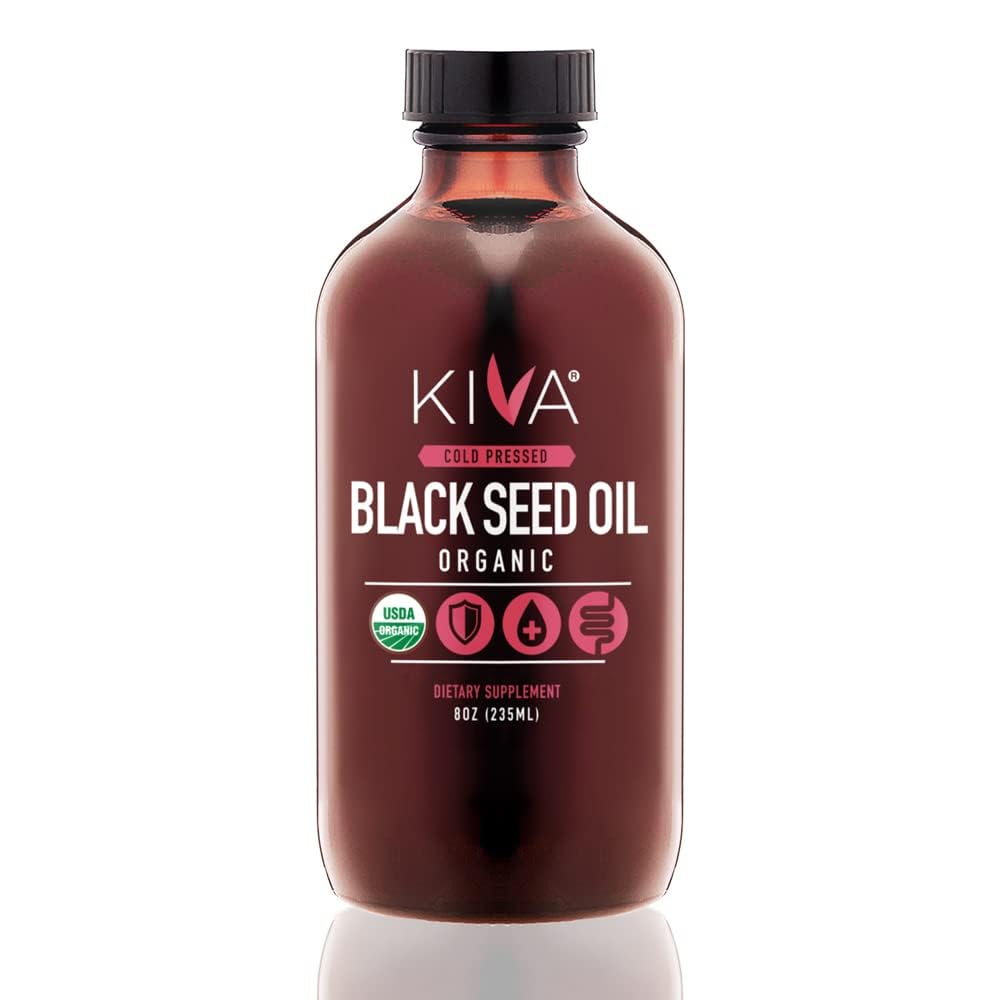 Kiva Organic Black Seed Oil - Ultra High 3X Thymochinón (TQ), za studena-Pressed, 100% Turecký Nigella Sativa Seed Oil, All-Natural Non-GMO Supplement - Vegan, 8 oz (235 ml) Sklenená fľaša