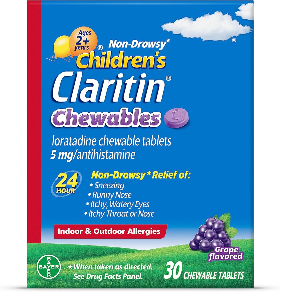 Children's Claritin Chewables 24 hodinová úľava od alergie, Non Drowsy Kids Allergy Medicine, Grape Antihistaminic Chewable Tablety, 30 Počet