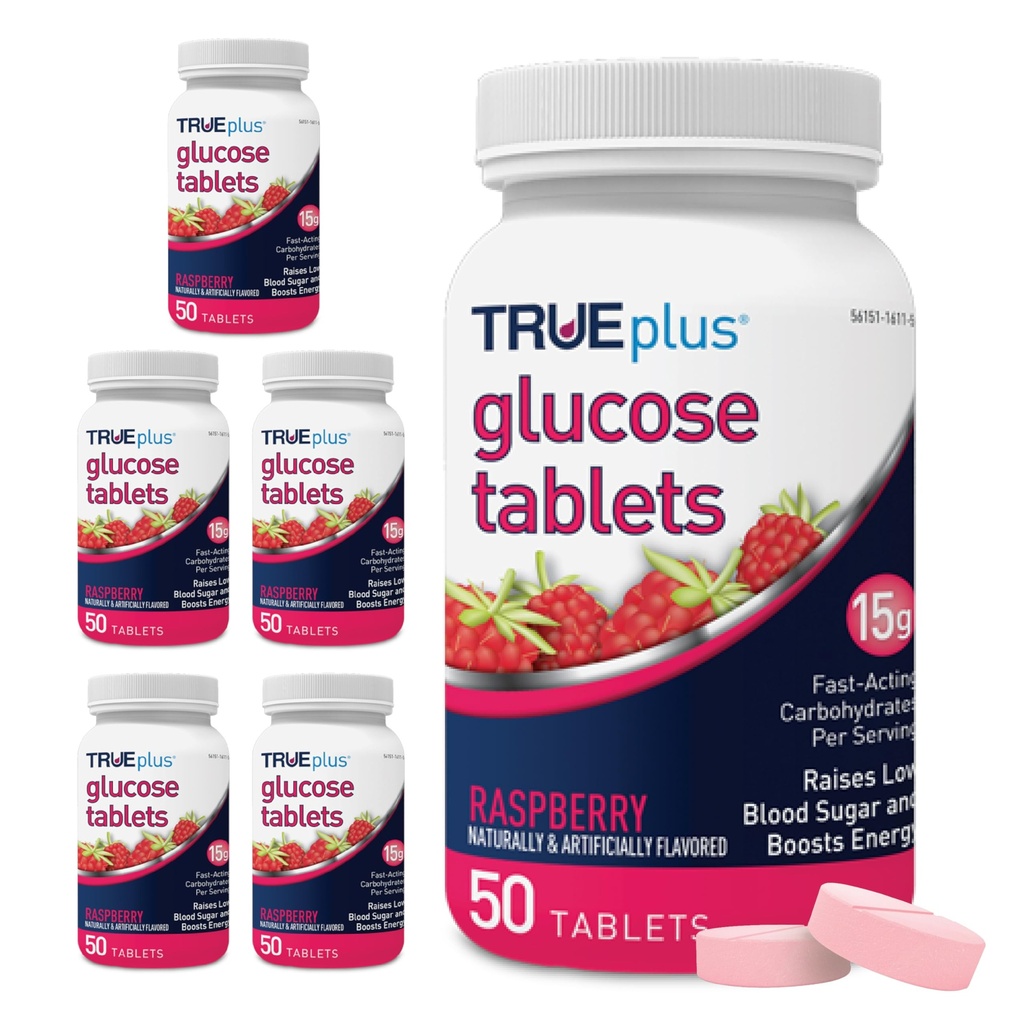 TRUeplus® Glukóza Tablety, Malinová príchuť - 50 Počet (Pack of 6)