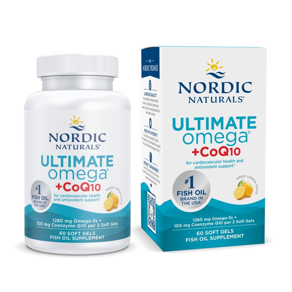 Nordic Naturals Ultimate Omega + CoQ10, Lemon - 60 Soft Gels - 1280 mg Omega-3 + 100 mg CoQ10 - Zdravie srdca, Cellular Energy, Antioxidant podpora - non-GMO - 30 Servisné služby