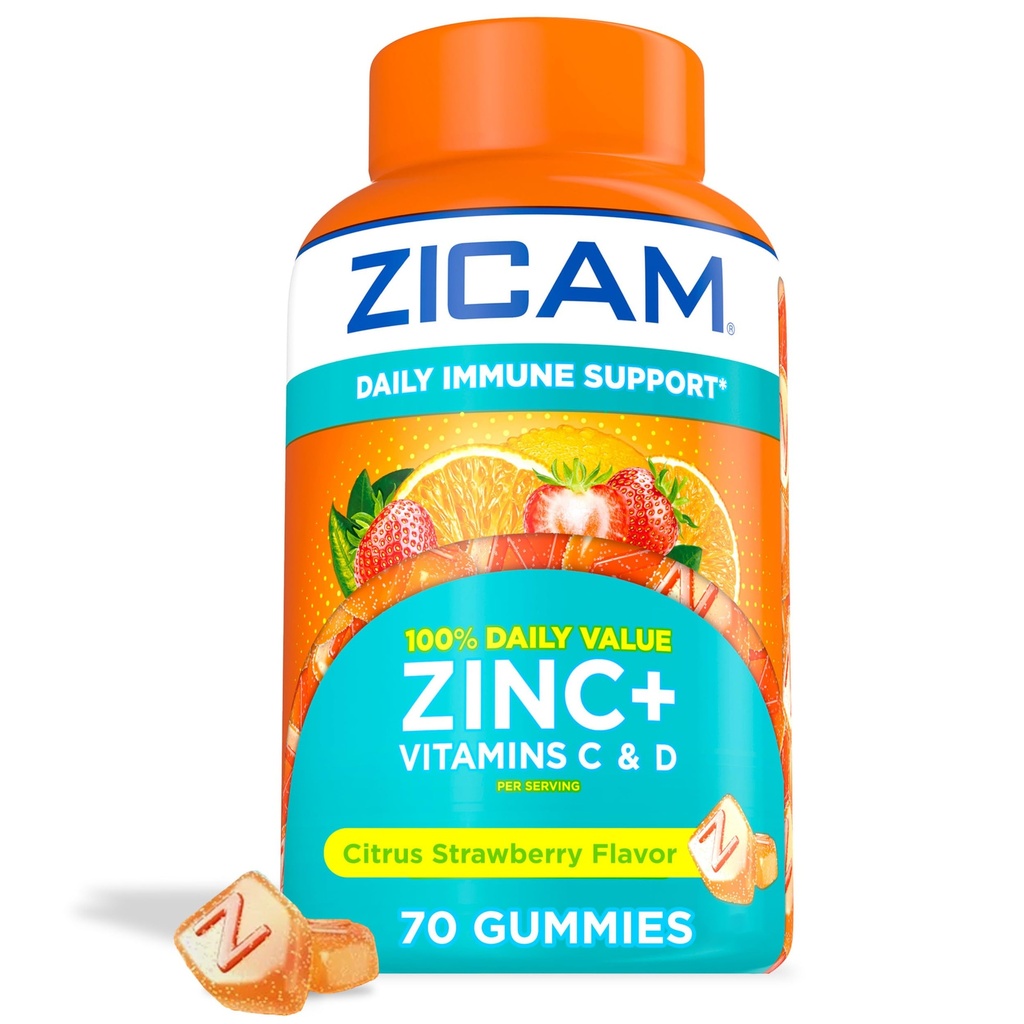 Zicam Daily Immune Support, Gummy Supplement, Zinok, Vitamín C a vitamín D, Citrus Jahodová príchuť, 70 Počet