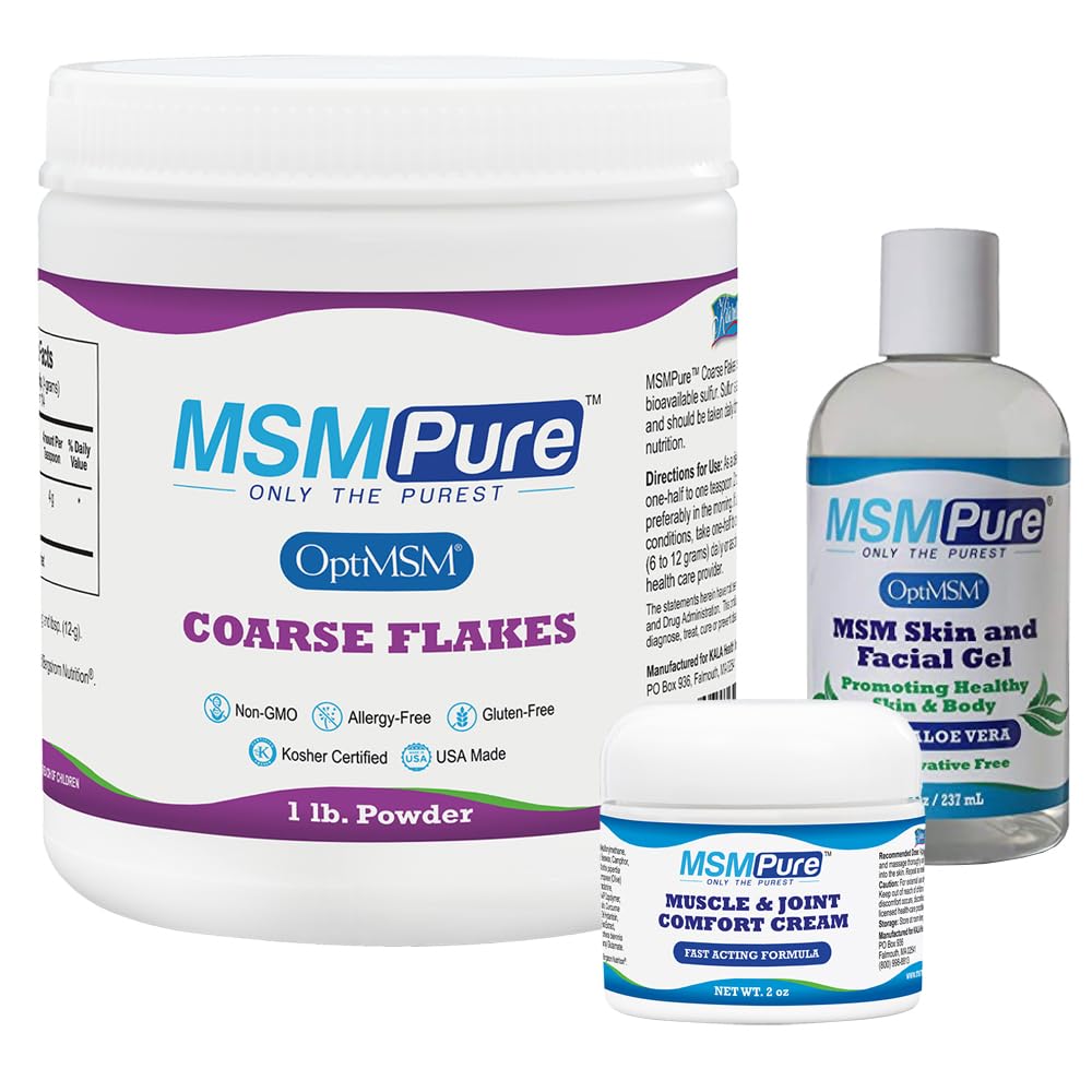 KALA ZDRAVIE MSMPure Starter Bundle s MSM Coarse Flakes 1lb, MSM Muscle & Joint Cream 2oz a MSM Gel s organickým Aloe 8oz