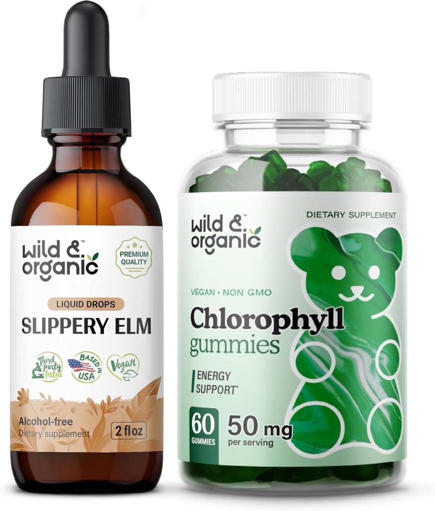Wild & Organic Slippery Elm Tinture 2 fl oz & Chlorofyl Gummies 60 Chews