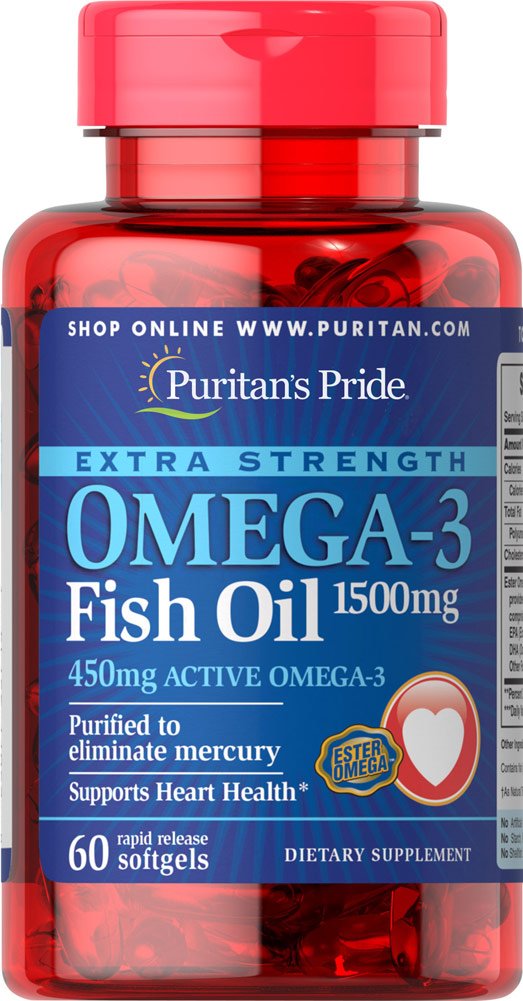 Puritáni Pride Extra sila Omega-3 rybí olej 1500 Mg 450 Mg Active Omega-3 Softgels, 60 Počet