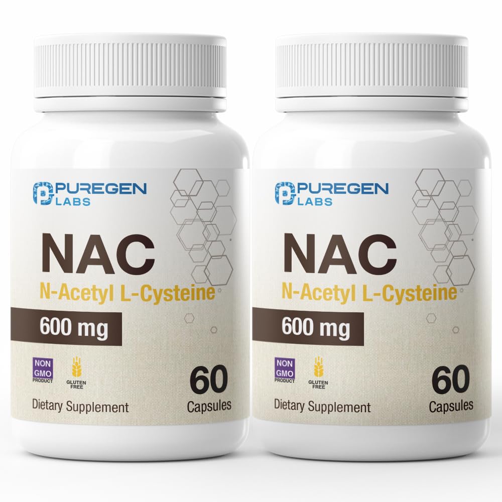 Puregen Labs N-Acetyl-L-Cysteine (NAC) 600 mg, Supports Immune, Respiration, Liver Health, NAC 600 mg, Potent antioxidant Support, Free-radicals, Easy to Absorb - Total 120 Veggie Capsules