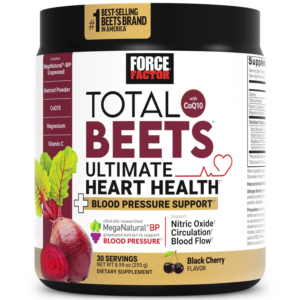 Force Factor Total Beets Ultimate Heart Health Pressure Support with CoQ10, Repeat Root Powder, Grape Seed Extract, Krvný tlak Supplement for Circulation, Black Cherry, 30 Servings
