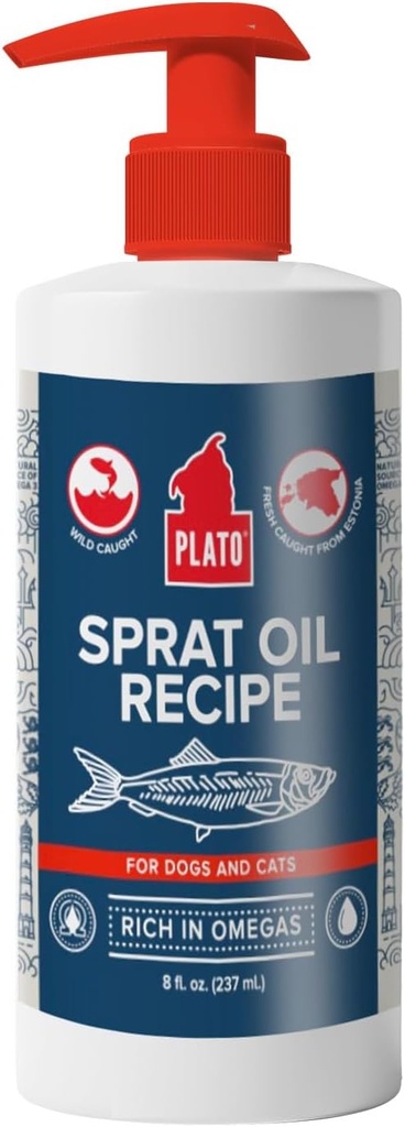 PLATO Pet Treats Fish Oil pre psy - Omega 3 olej pre psy - Podporuje zdravú pokožku a pleť - Baltské šproty olej recept 8 Ounces