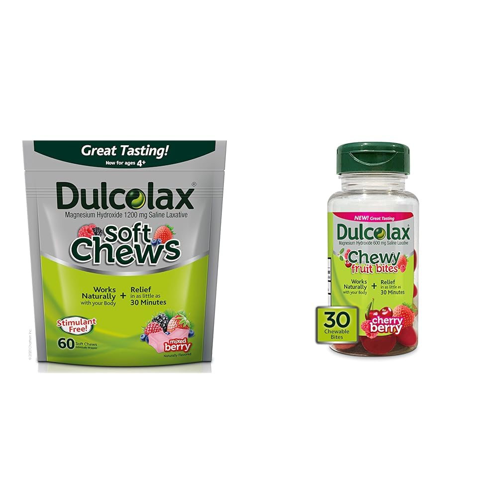 Dulcolax Soft Chews Saline Laxative Mixed Berry (60ct) Jemná zápcha Relief & Chewy Fruit Bites, Saline Laxative, Cherry Berry (30ct) Creamp-free Cescase Relief
