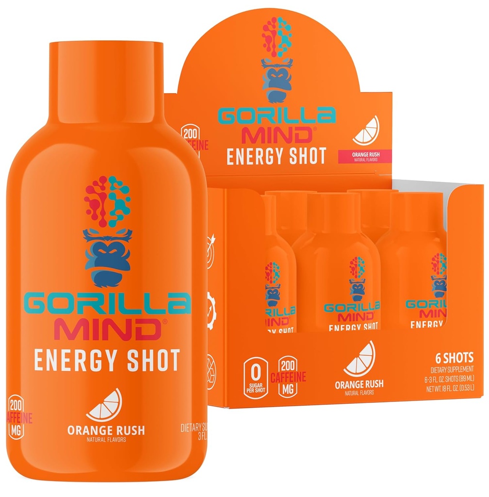 Gorilla Mode Energy Shots (6-Pack) - Energy Shots for Enhanced Focus & Energy, bez cukru, Fast-Acting, Silný vzorec s vitamínmi a prírodnými extraktmi (Orange Rush)