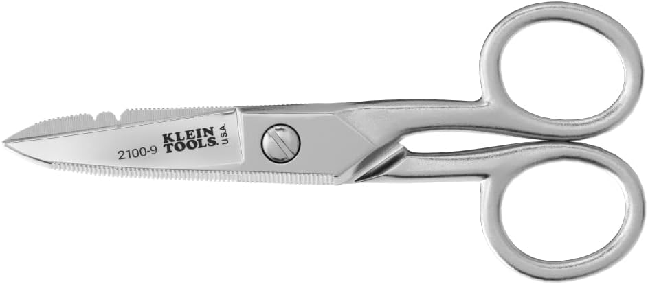 Klein Tools 2100-9 Nerezové Nožnice Electrician, Made in USA, 5,25-inch Free-Fall Handle Snips, Striping notches, Non-Slip Sprated Blade