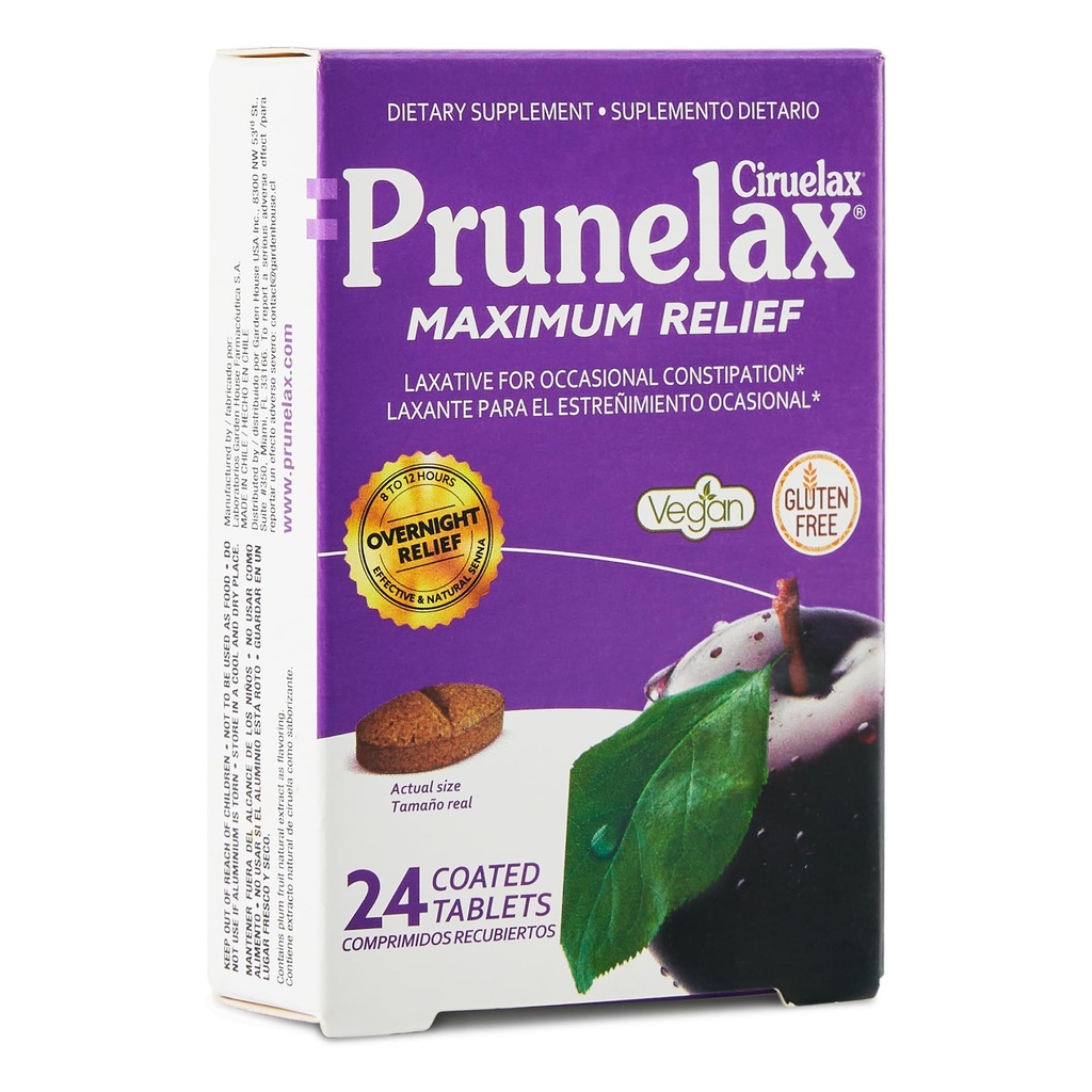Prunlax Cirulax Maximum Relief Laxatívne tablety s prírodnou Sennou pre príležitostné zápcha, Senna Extract, Vegan & Gluten-free, Gentle Cuttle Clump Relief - 24ct