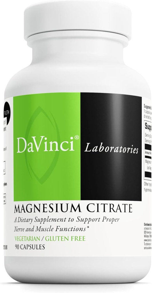 DaVinci Labs Magnézium Citrát - Dietary Supplement to Support Muscle Health, Healthy Nerves and Mineral Absorbtion* - with 140 mg Magnézium per Serving - Gluten-free - 90 Rastlinné kapsule