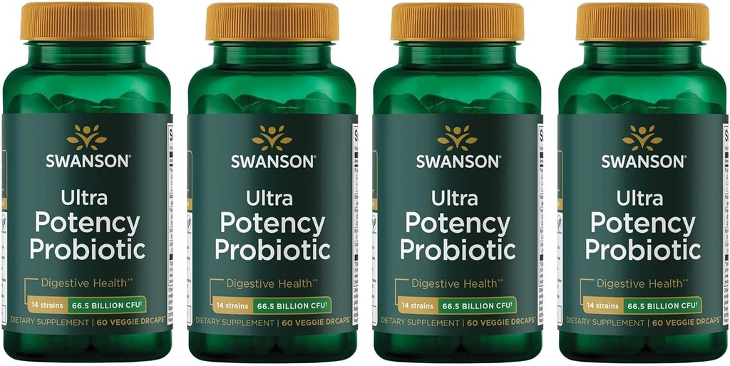 Swanson Ultra Potency Probiotic Digestive Health Immune System Support 66 Billion CFU Prebiotic NutraFlora scFOS 60 DRcaps Veggie Capsules (Caps) (4 balenia)