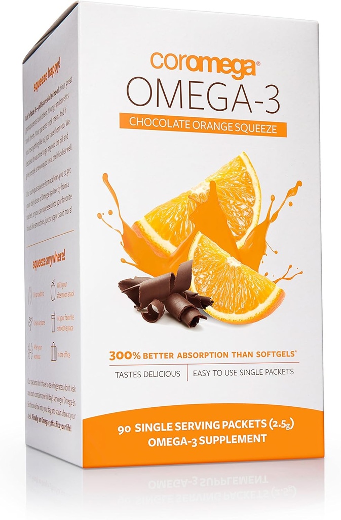 Coromega Omega 3 Fish Oil Supplement, 650mg Omega-3s s 3X Lepšie vstrebávanie ako softgels, čokoláda Orange flavor, 90 Single Serve Squeeze Pakets