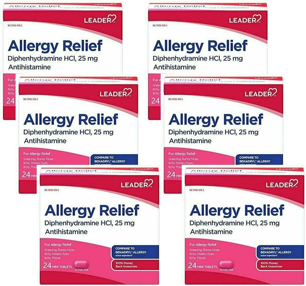 Leader Antihistaminika Alergia Relief Difenhydramín HCl, 25 mg Mini tablety, 24 gróf balenia po 6