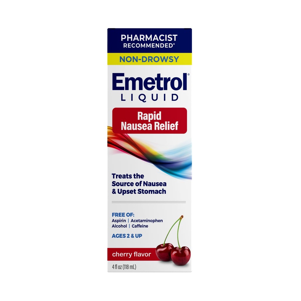 Emetrol Non-Drowsy Nauzea Relief - Liquid Medicine for Uppset Žalúdočná úľava - Lekár Doporučený Nauzea Medicína - Cherry Chlavor - 4fl oz