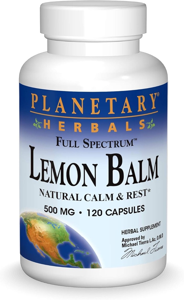 Planétové byliny Lemon Balm Full Spectrum 500mg, Prírodné Pokoj a odpočinok, 120 Kapsule