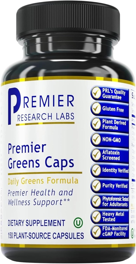 Premier Research Labs Greens Kapsule - Super Greens Kapsule, Zelené Doplnky, Super Greens Pills od Wellness, Veggie Pills s Leafy Greens, Kale, Chlorella - 150 Vegetariánske kapsule