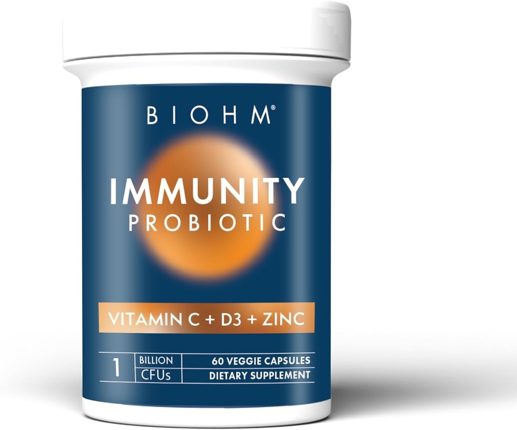 BIOHM Imunity Probiotiká s vitamínom C, D3 a zinkom, 1 miliarda CFU (60 kapsúl) Denné probiotiká pre ženy a mužov, trávivé zdravie a imunitná podpora, Vegan, bez lepidla a bez GMO