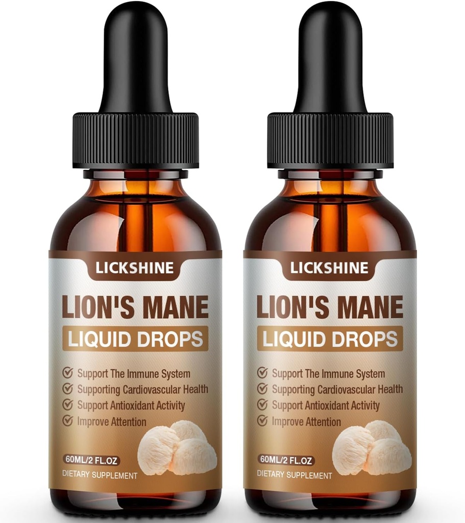 2 balenie Lions Mane Supplement Liquid Huba extrakt kvapky na pamäť, Zameranie a jasnosť - Mozog Booster - Lions Mane Tinktúra pre prírodnú imunitnú podporu, Vegan, Organic, 2 Fl Oz