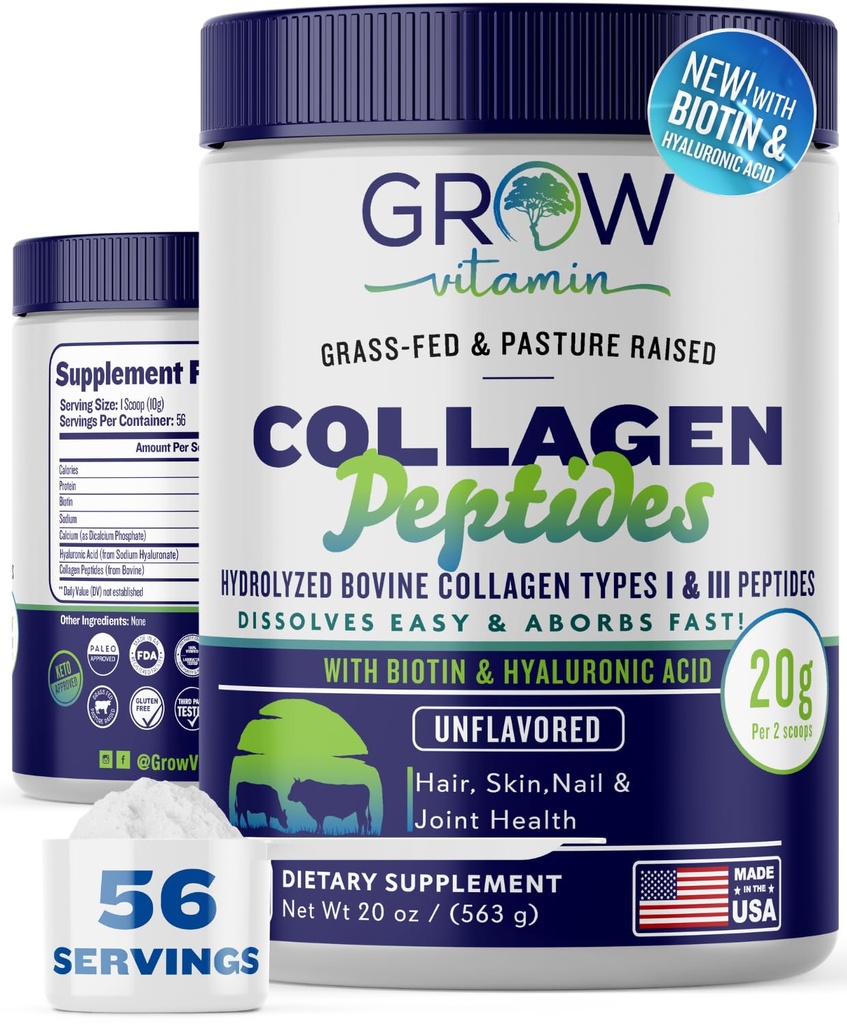 Kolagén Peptidy Powder 20g s kyselinou hyalurónovou a biotínom - Neochutená tráva Fed Collagen Powder s hydrolyzovanými kolagénovými doplnkami typu I a III - Vlasy, nechty, koža a kĺb - 56 Servisov