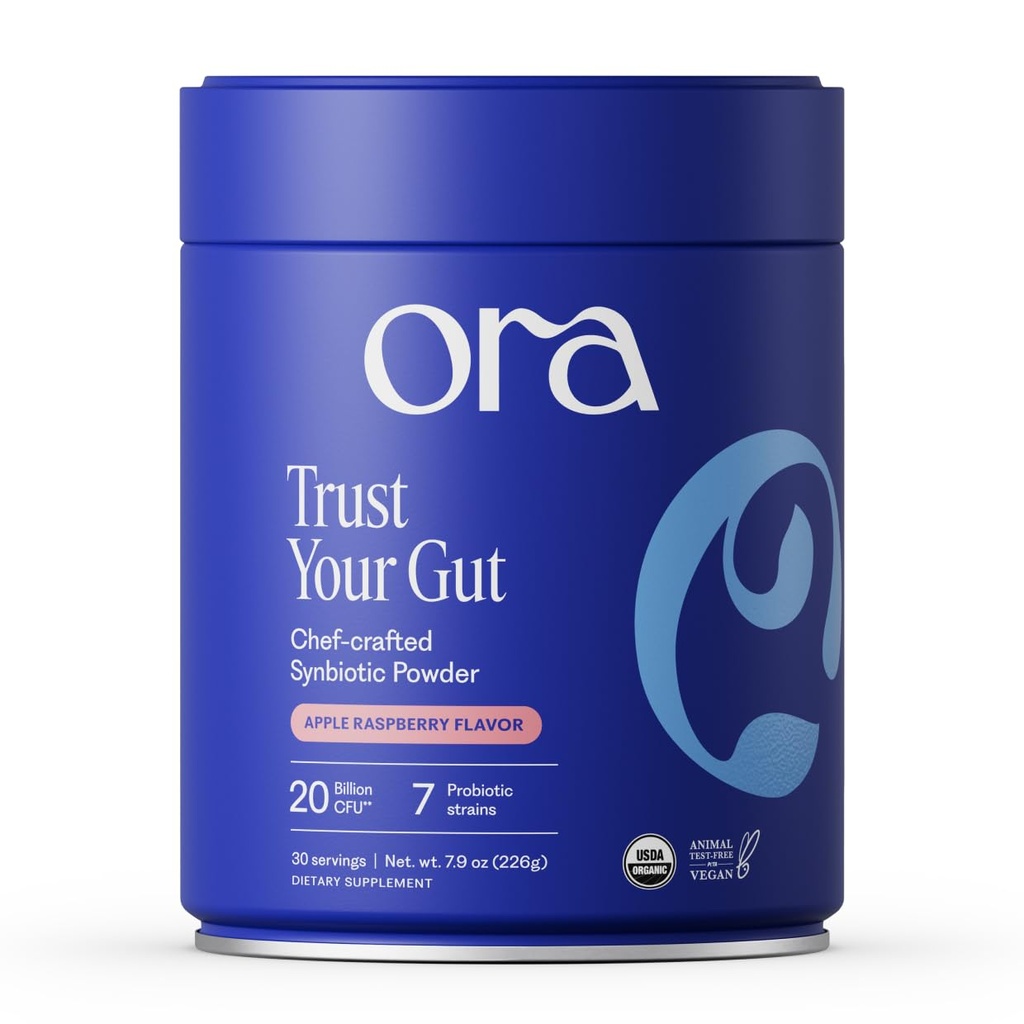 Ora Organic Prebiotic and Probiotic Powder Supplement - 20 miliárd probiotík, 7 kmeňov pre najlepší prebiotický prášok, Non-GMO, Probiotiká pre ženy, Muži a deti - Apple Malinová príchuť, 30 Servis...