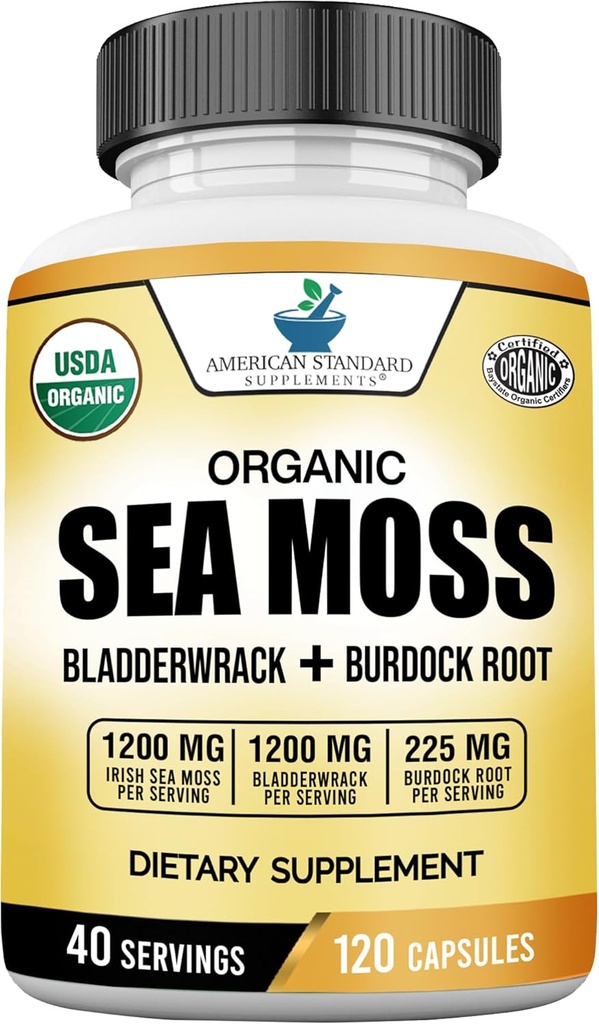 American Standard Supplements Organic Sea Moss, Bladderwrack & Burdock Root Capsulas - 1200mg Seamoss, 1200mg Bladderwrack, 225mg Burdock Root per Serving - 120 Kapsule, 40 Servings