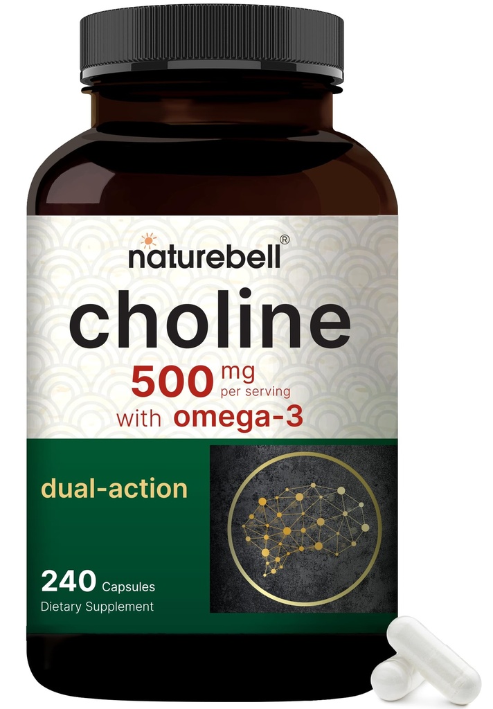 NatureBell Choline Doplnky 500 mg s Omega-3 mastné kyseliny, 240 Kapsule 