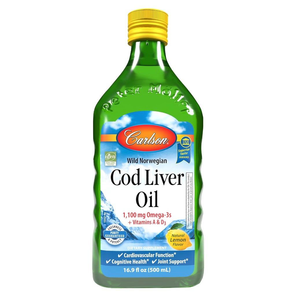 Carlson - Cod Liver Oil 1100 mg Omega-3s Plus Vitamíny A a D3, Wild Caught Norwegian Arktída, Udržateľne Zdroj Nordic Fish Oil Liquid, citrón, 500 ml (16,9 Fl Oz)