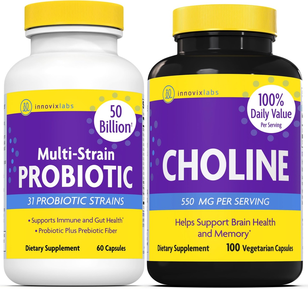 InnovixLabs Choline & Multiprobiotic Bundle Choline Bitartrate 550 mg (100 kapsúl) Multi kmeň probiotiká (60 kapsúl). Podporuje pamäť, náladu, zdravie mozgu a zväčšovanie kognitívnych funkcií.*