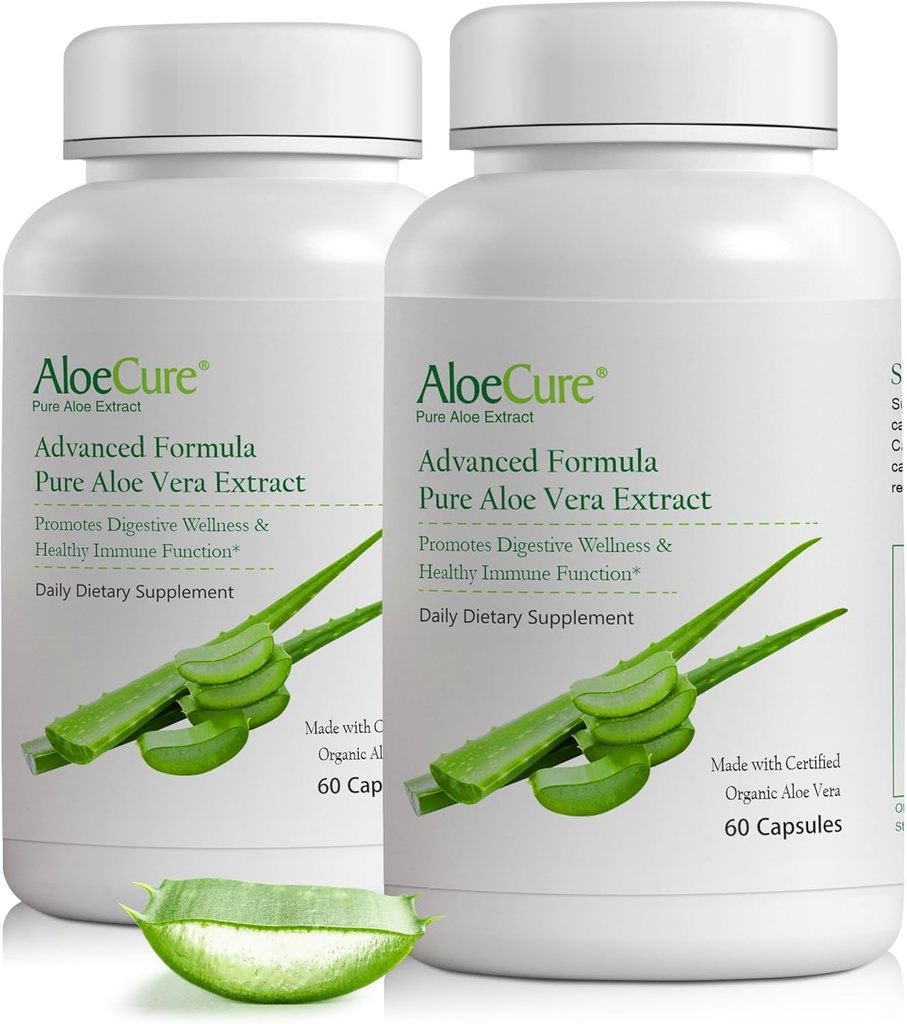 AloeCure Organic Aloe Vera Kapsule, 160 000mg Inner Aloe Leaf Equivalent per Serving, Support Gut, Digestive, & Immune Health, pomáha udržiavať vyváženú žalúdočnú aciditu, Aloin Free, 60Caps x 2Btl