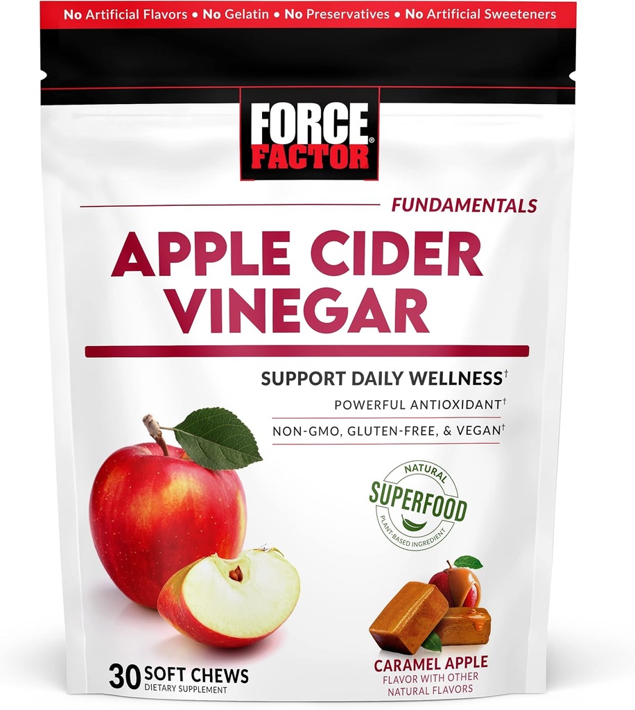 Force Factor Organic Apple Cider Vinegar Soft Chews for Digestion and Metabolition Support, Apple Cider Ocogar with Mother, ACV Supplement, Gluten-Free, & Vegan, Caramel Apple Flavor, 30 Soft Chews