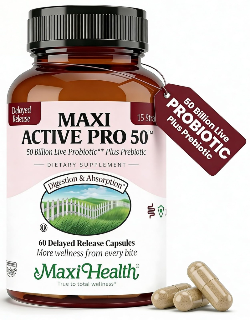 Maxi Health Probiotic Plus Ultimate Prebiotic Advanced Live Probiotiká Formula - 50 miliárd Live Active Probiotic - 15 kmeňov - Ultra ochrana - Active Pro-50-60 Count