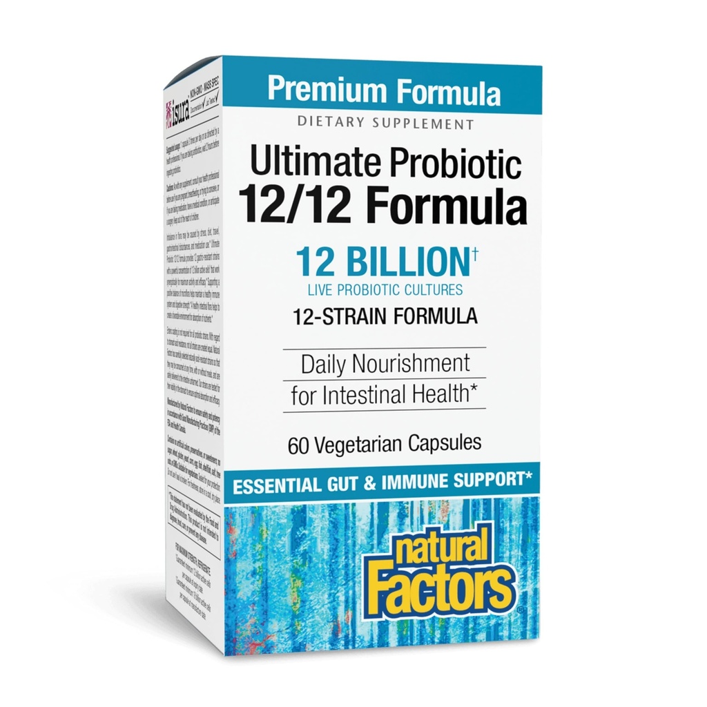 Prírodné faktory Ultimate Probiotic 12/12 Formula - Tráviace Zdravie Podpora Doplnková s probiotikami - Imunita & Gut Zdravotná podpora Supplement - 60 Vegetariánske kapsule (60 Servis)