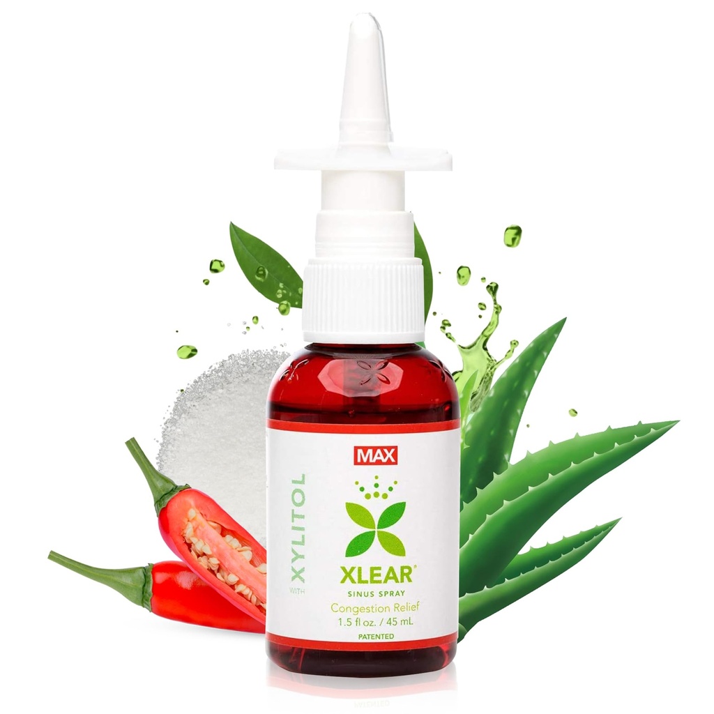 Xlear MAX Natural Xylitol Saline Nasal Spray s Capsicum a Aloe - Rýchle pôsobenie pre tlak Sinus, Dekongestant, Bolesť hlavy, Suchý nos, 1,5 fl oz (Pack of 1)
