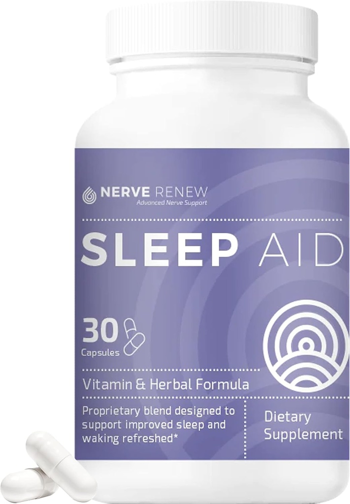 NERVE RENEW Sleep Aid - Dietary Supplement for Better Sleep - 30 Kapsule - funguje rýchlo - jemne všetko-prírodné bylinné a vitamínové vzorec s melatonínom, horčík, zinok, aminokyseliny, Bylinné extrakty