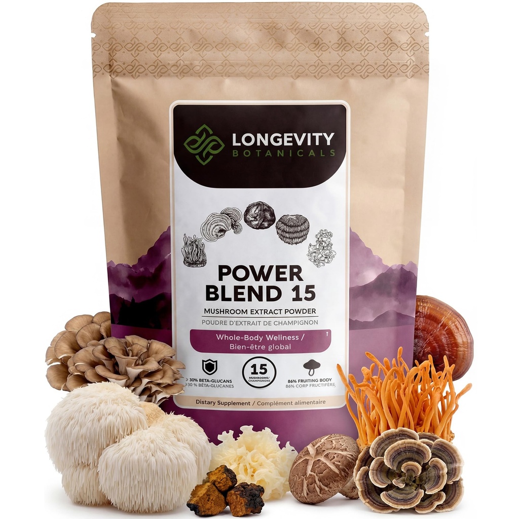 Power 15 Mushroom Blend Powder Supplement Extract 100g | Shiitake, Lion's Mane, Chaga, Reishi, Cordyceps, Tremella Full-Spectrum Complex | Fruiting Body | ≥30% Beta-D-Glucans | Daily Wellness