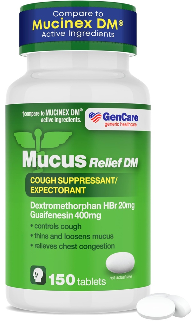 GenCare - Mucus Relief DM (150 gróf hodnoty fľaše) Dextrometorfan HBr 20mg Guaifenesin 400mg 