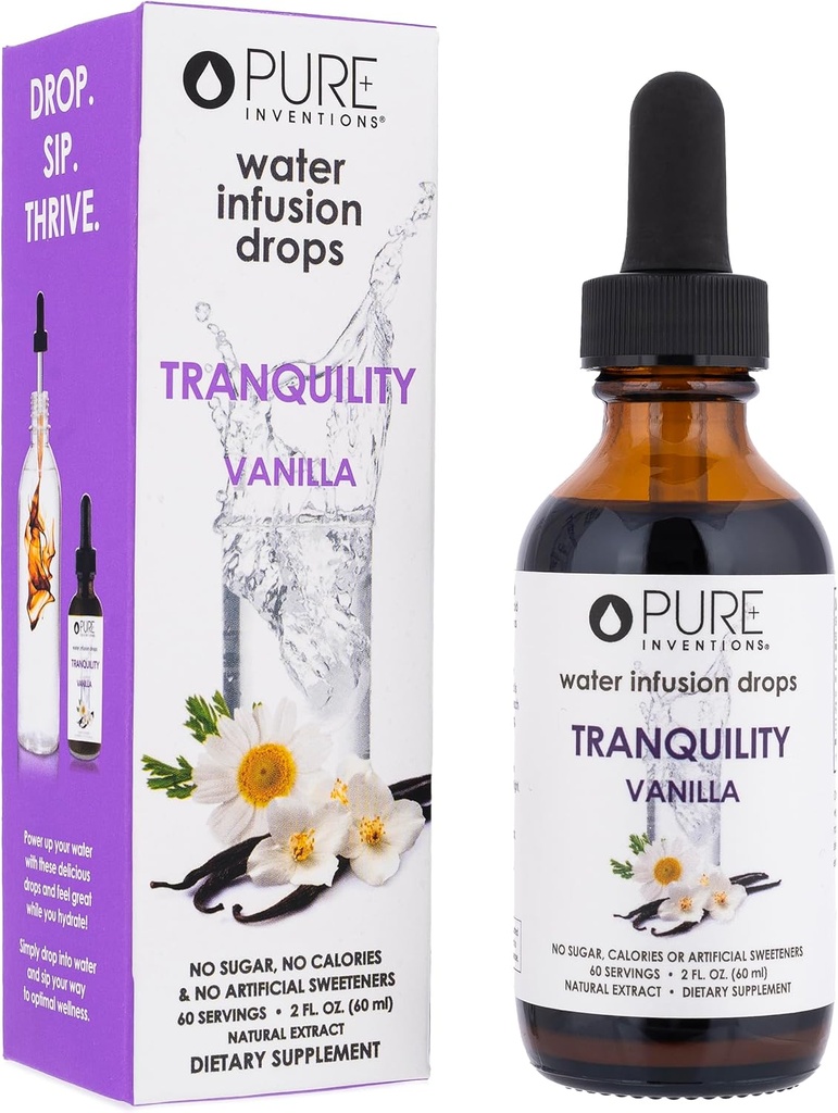 Čistá vynálezy Tranquility - Podpora relaxácie - Vanilka a harmanček - kvapky na infúziu vody - bez cukru, kalórií alebo umelých sladidiel - 60 porcií - 2oz