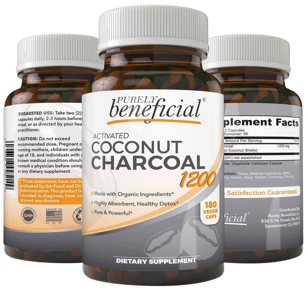 Activated Coconut Charcoal 1200mg, 180 Kapsule - Pills od Digestive System, Bloating, Vegan (1 fľaša)