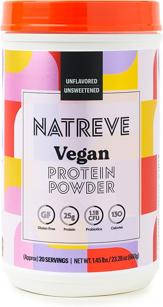 Natreve Vegan Protein Powder - 25g Plant Based Protein Powder with Probiotics and Amino Acides - Gluten Free & Unflavred, 20 Servings