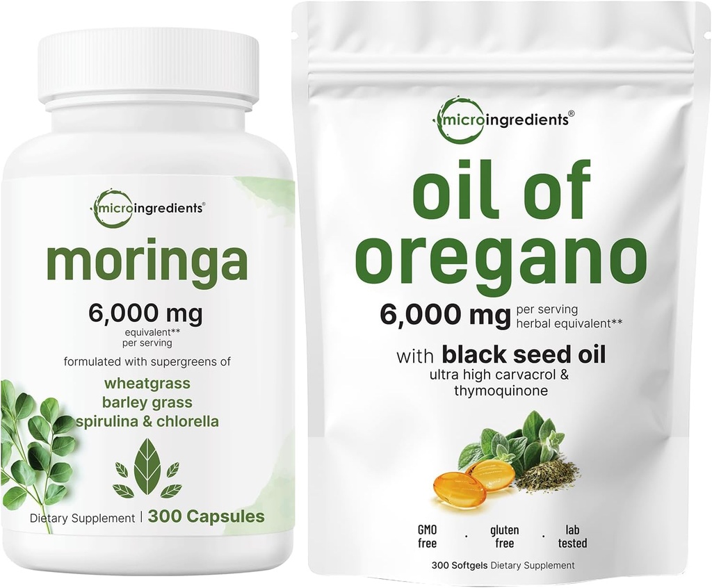 Micro Ingrediencie Olej Oregano Softgels 300 Gróf & Moringa Oleifera 6,000mg Rovnocenné 300 Kapsule Bundle 2 Pack 