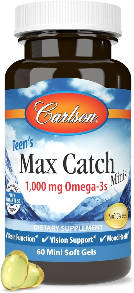 Carlson - Max Catch Minis Teen, 1000 mg Omega-3s, Zdravie mozgu, Podpora zraku, Zdravie nálady, 60 Softgels