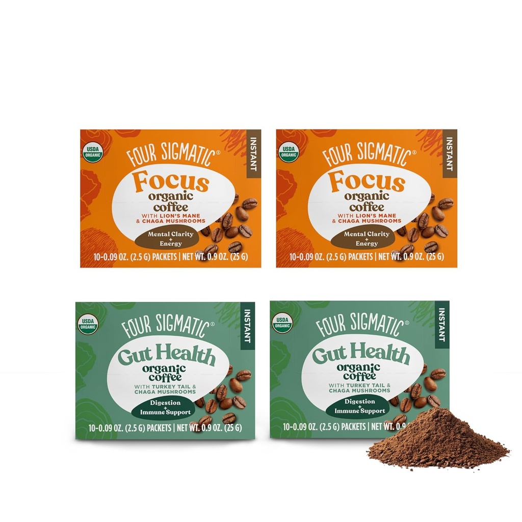 Štyri Sigmatic Huba káva zmes balenia 4 - Levej mane a Chaga & Cordyceps a Chaga - 10 paketov na box