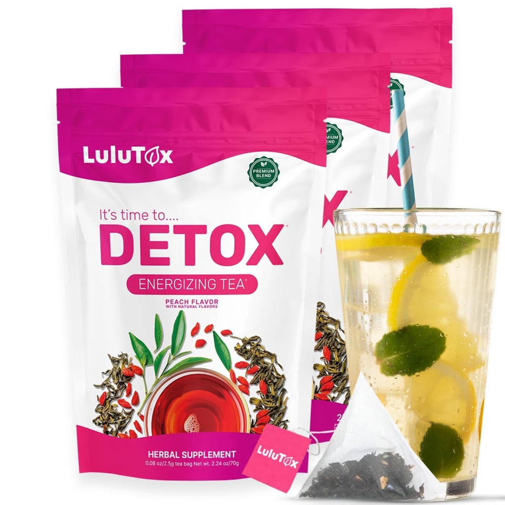 LULUTOX Detox Tea - Bylinné zmes s púpava, ženšen, a zázvor - podporuje zdravú hmotnosť, trávenie zdravie - Vegan, všetky prírodné, Laxatívne - broskyňová príchuť (3 balenie x 28 podáva)