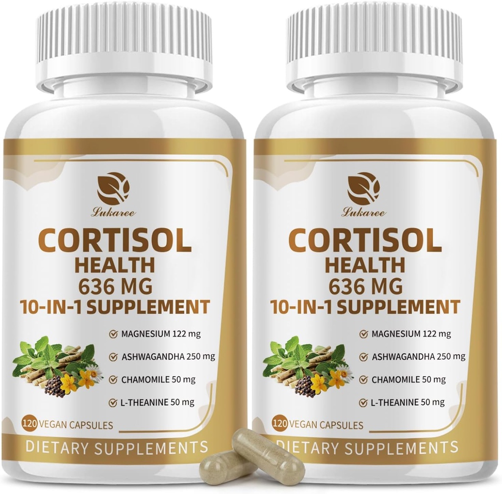 10-IN-1 Cortisol Doplnky s horčíkom, Ashwagandha, Kamilka, L-Theanine, Fosfatidylserín, ľubovník bodkovaný, Astragalus, Vitamín C a D3, Pre ženy Muži, 240 Vegan Kapsule po dobu 4 mesiacov, Non-GMO