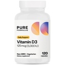 PureFormulas Vitamín D3 5 000 IU 125 μg - Pure Vitamin D Supplement for Healthy Bone Formation, Zuby, Kardiovaskulárne zdravie a Imunitná podpora NeGMO - 120 gróf Vegetariánske kapsuly